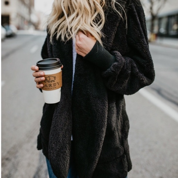 Black Super Soft Cozy Pocket Hood Sherpa Lightweight Teddy Coat Thin Cardigan - Picture 4 of 8
